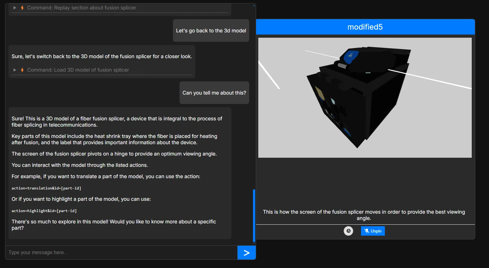AI manipulates a 3D model, acting as a digital twin of real-world equipment.